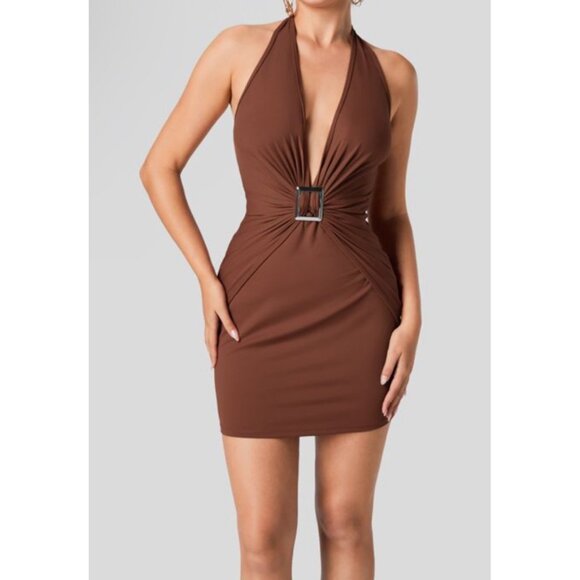 Halara Deep V Neck Halter Backless Ruched Bodycon Mini Casual Dress Sz Large Bro - Picture 11 of 14